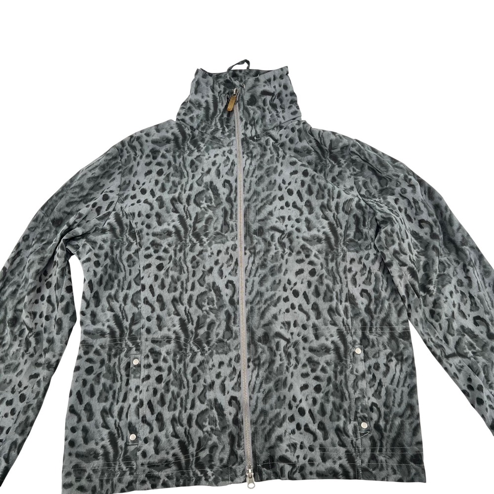 Zenergy‎ by Chicos Grey Leopard Print Full Zip Mock Neck Jacket Womens Size 2 L